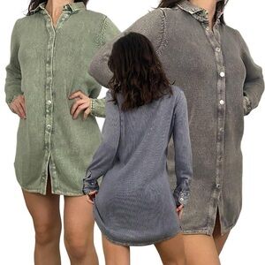 Button-Up Shirt Dress in knit Green, Gray, and Blue